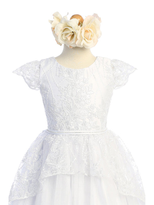 Girls White Sequin Floral Embroidered Lace Peplum Communion Dress 6-16 - SophiasStyle.com